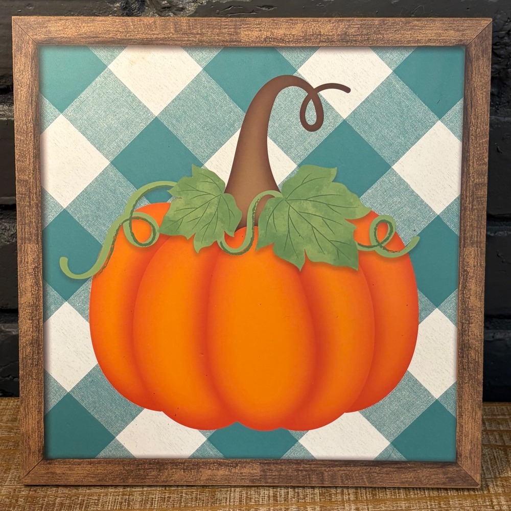 Fall Pumpkin Wall Decor Teal Gingham Buffalo Plaid  Art Harvest Sign 10"